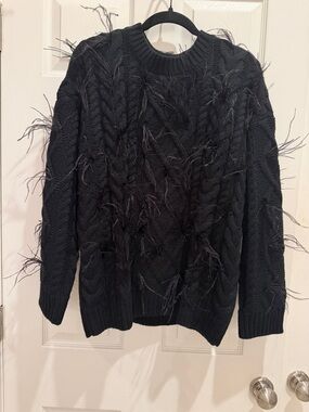 Textured Black Cable Knit Crewneck Sweater with Feather Trim